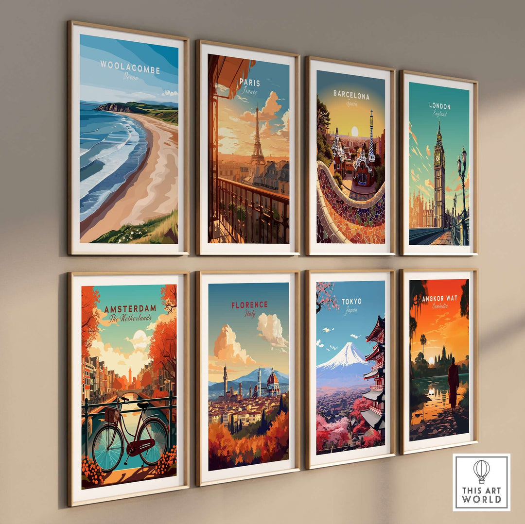 Gallery wall display of vibrant city poster prints including Woolacombe, Paris, Barcelona, and more.