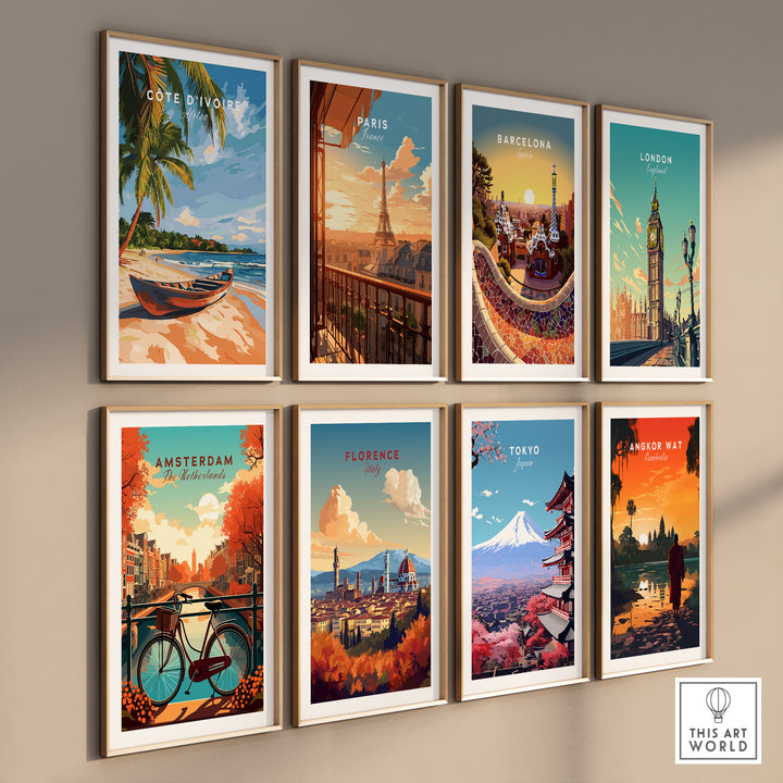 Côte d'Ivoire Beach Wall Art featuring vibrant travel-themed prints showcasing iconic cities.