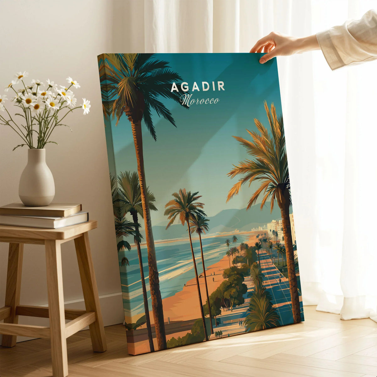 Agadir Travel Poster Print Morocco - Palm Trees on stretched canvas with mirror-wrap edges, held by hand in a room setting