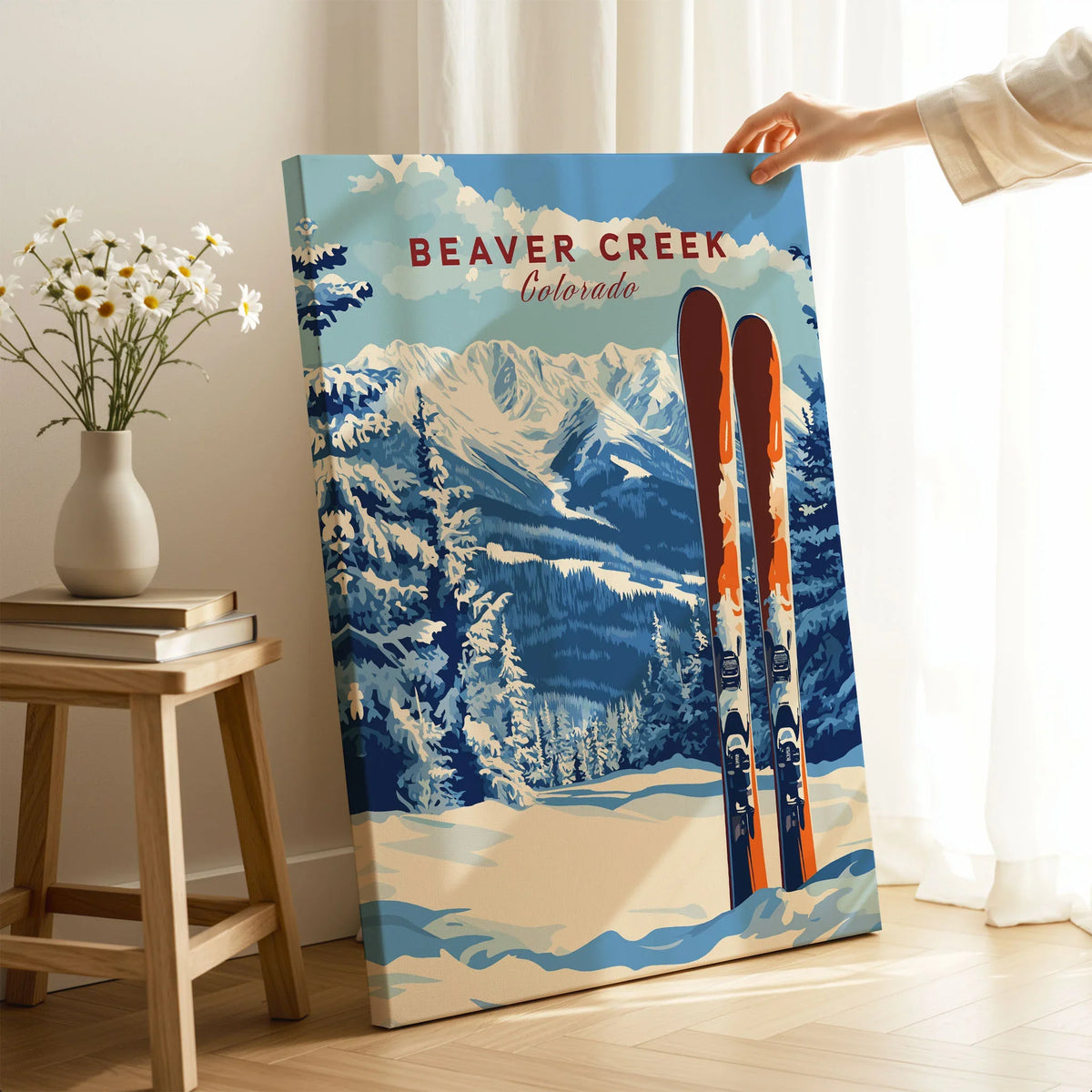 Beaver Creek Colorado Ski Poster - Rocky Mountain Winter Art Print on stretched canvas with mirror-wrap edges, held by hand in a room setting