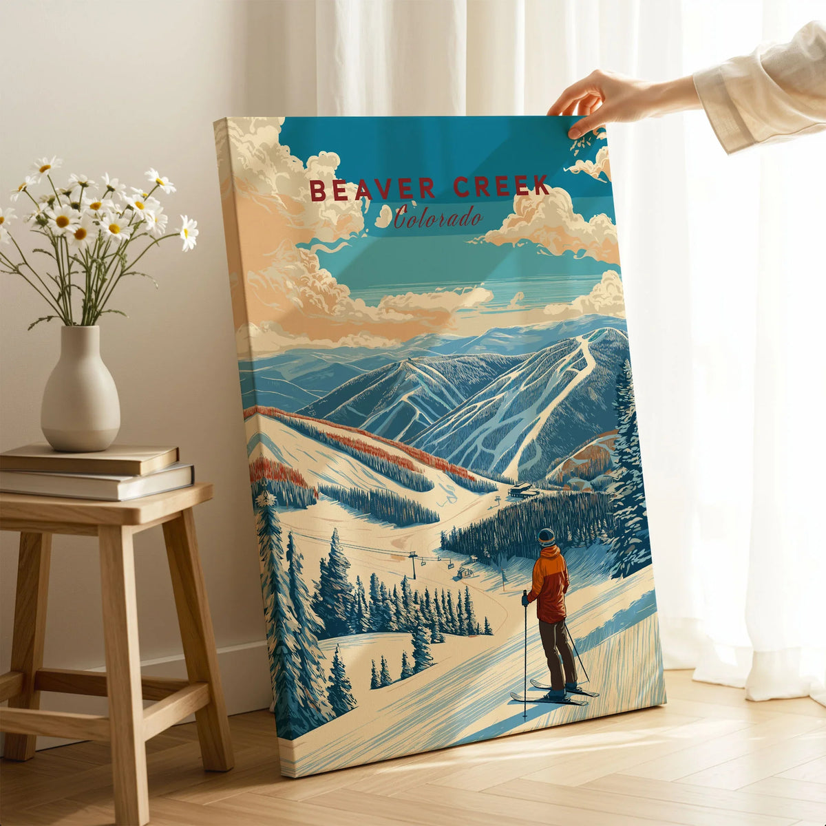 Beaver Creek Colorado Mountain View Ski Print - Scenic Slope Wall Art on stretched canvas with mirror-wrap edges, held by hand in a room setting