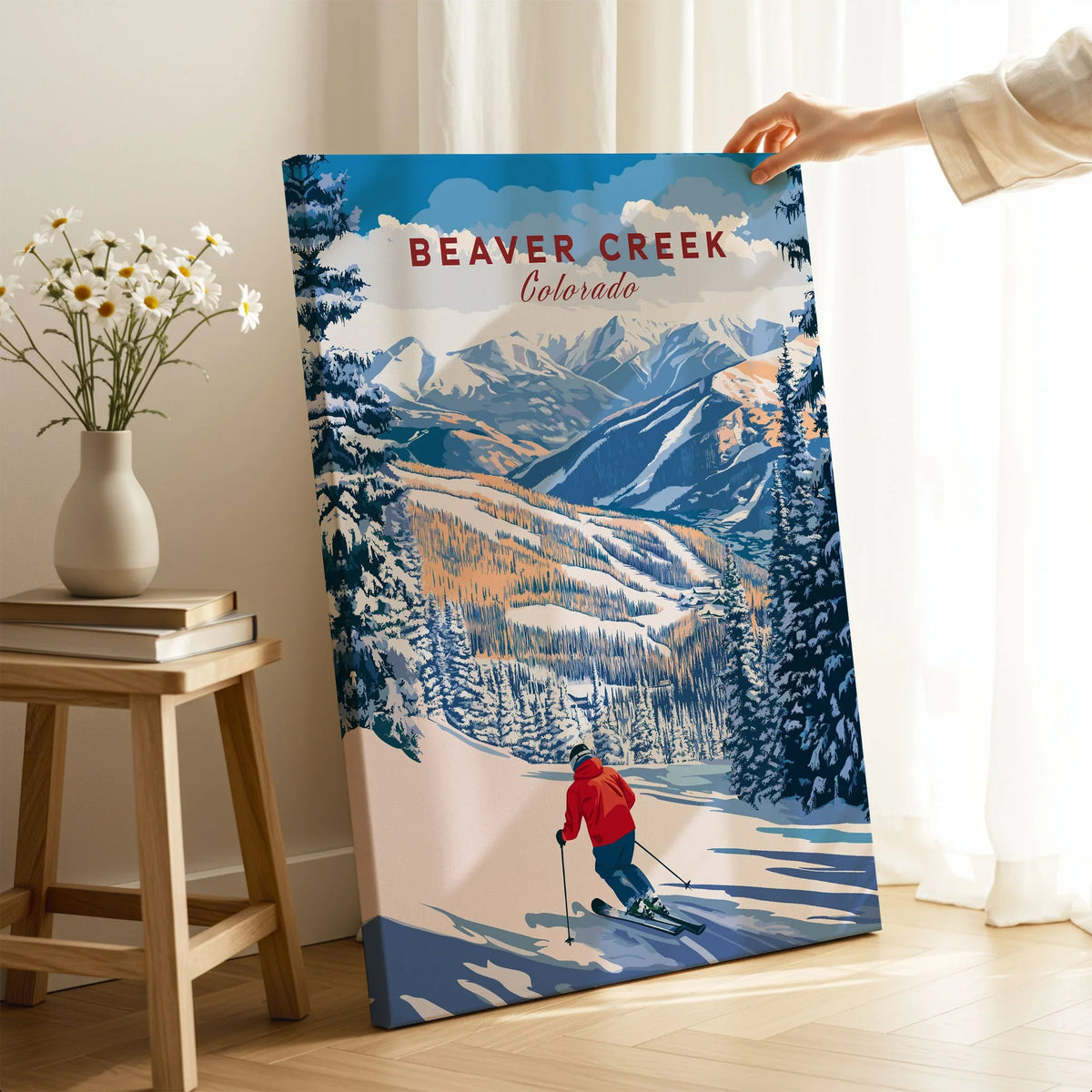 Beaver Creek Colorado Downhill Skier Poster - Winter Sports Wall Art on stretched canvas with mirror-wrap edges, held by hand in a room setting