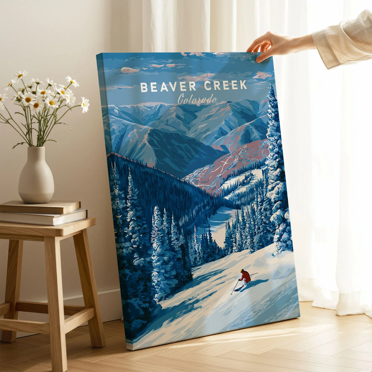 Beaver Creek Colorado Solo Skier Wall Art - Mountain Adventure Print on stretched canvas with mirror-wrap edges, held by hand in a room setting
