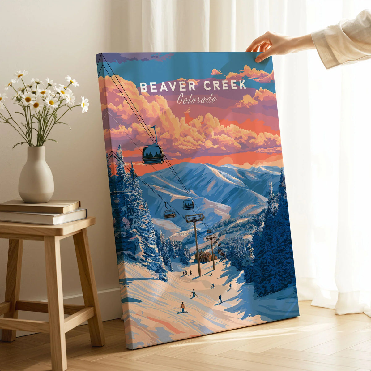 Beaver Creek Colorado Ski Lift Sunset Print - Mountain Gondola Wall Art on stretched canvas with mirror-wrap edges, held by hand in a room setting
