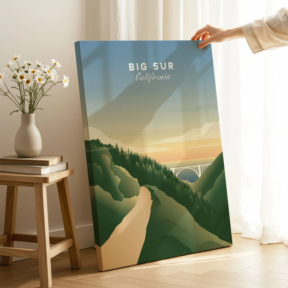 Big Sur State Park Art on stretched canvas with mirror-wrap edges, held by hand in a room setting