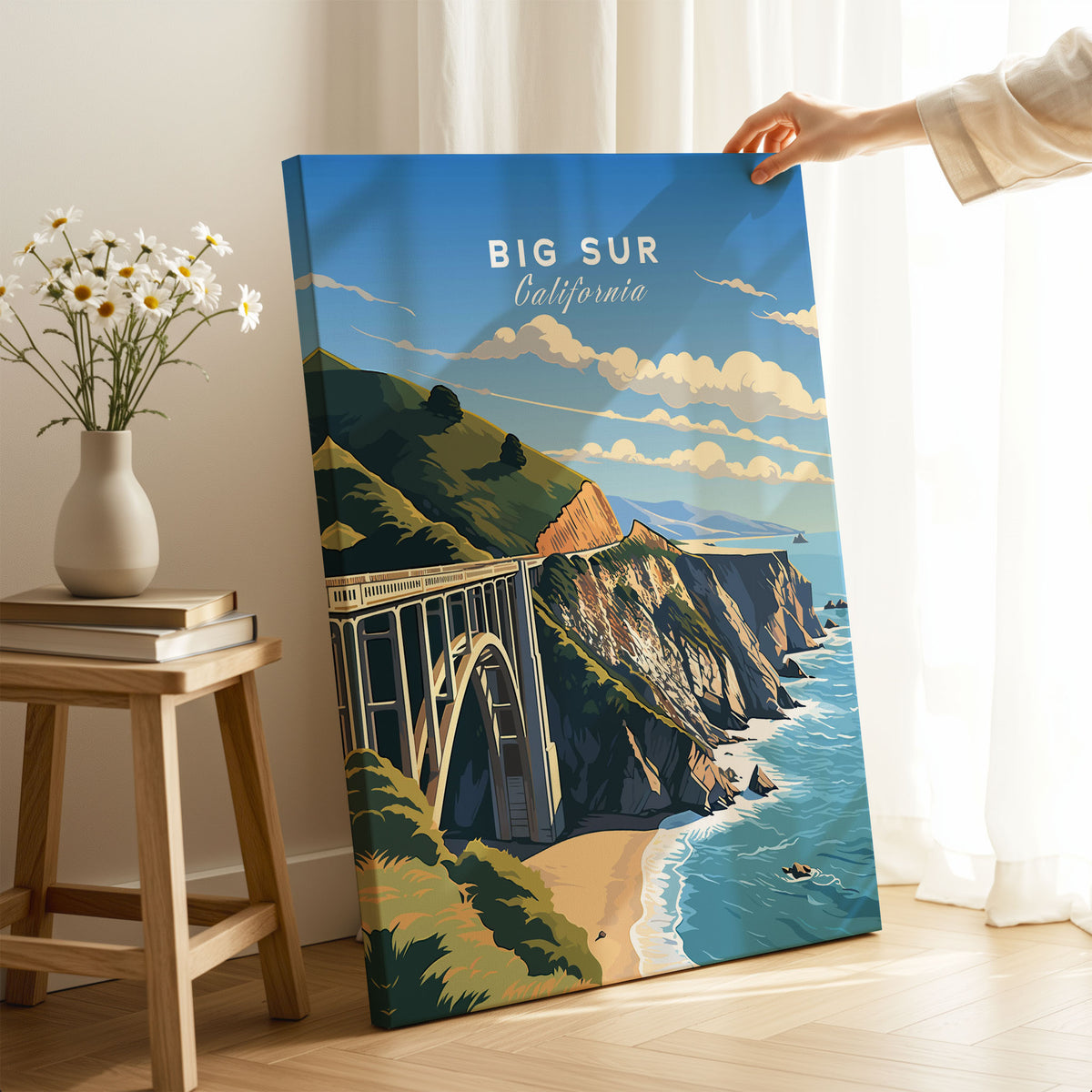 Big Sur Print on stretched canvas with mirror-wrap edges, held by hand in a room setting
