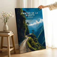 Camino de la Muerte Poster Bolivia Wall Art on stretched canvas with mirror-wrap edges, held by hand in a room setting