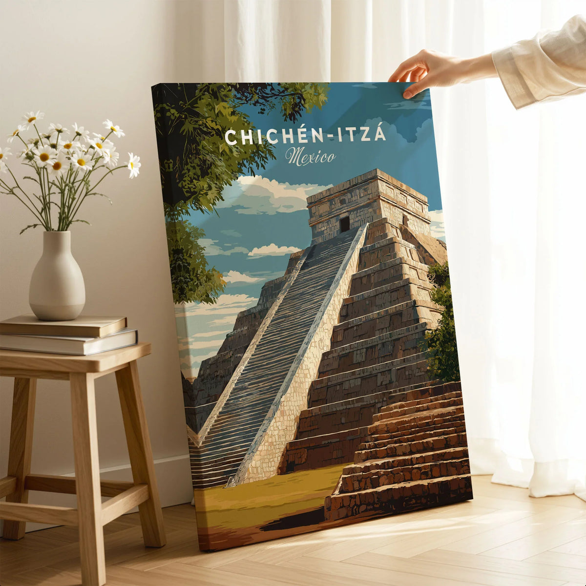 Chichén Itzá Mexico Travel Print El Castillo Pyramid Poster Mayan Ruins Wall Art on stretched canvas with mirror-wrap edges, held by hand in a room setting