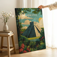 Chichén Itzá Mexico Travel Poster Pyramid Jungle Print Mayan Ruins Wall Art Decor on stretched canvas with mirror-wrap edges, held by hand in a room setting