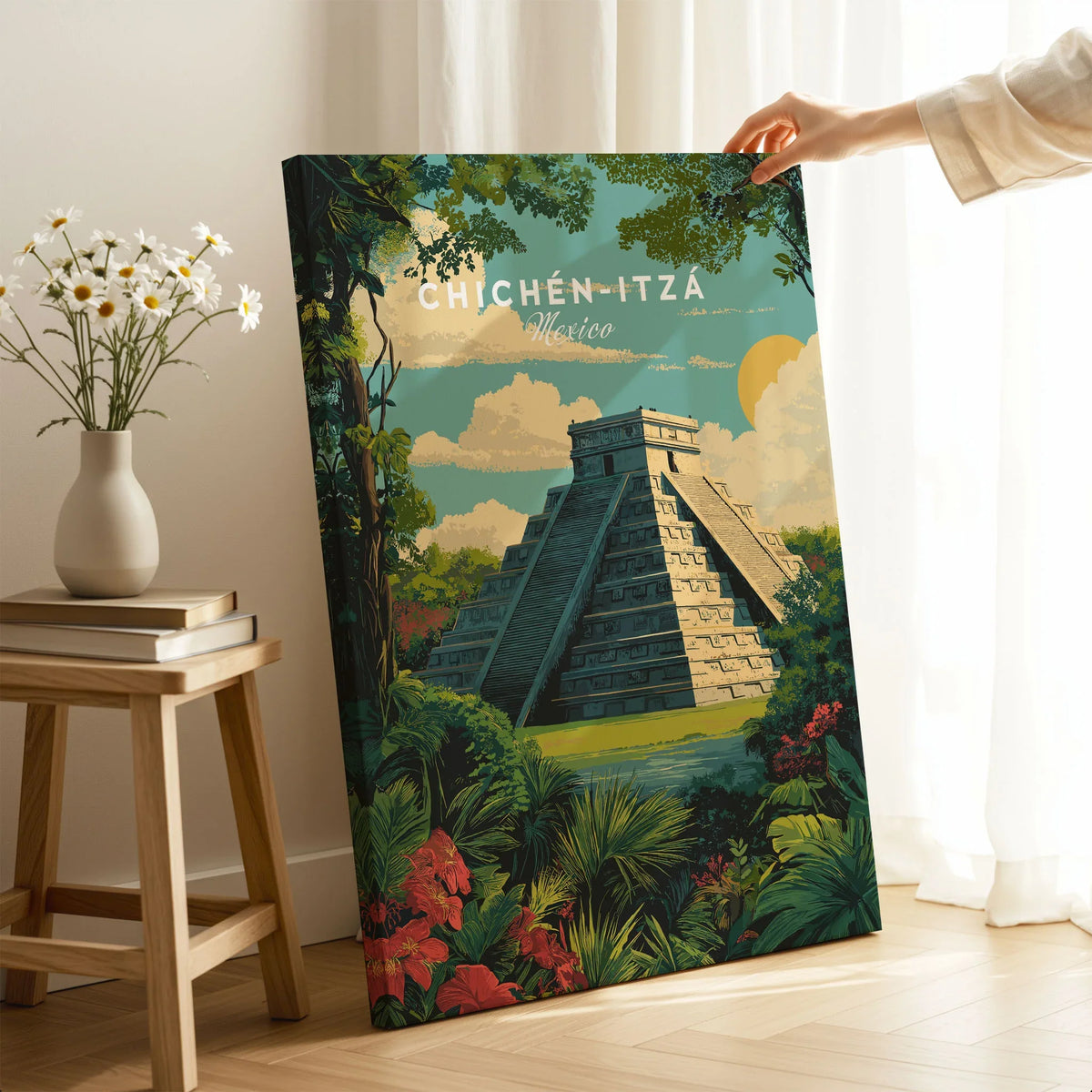 Chichén Itzá Mexico Travel Poster Pyramid Jungle Print Mayan Ruins Wall Art Decor on stretched canvas with mirror-wrap edges, held by hand in a room setting