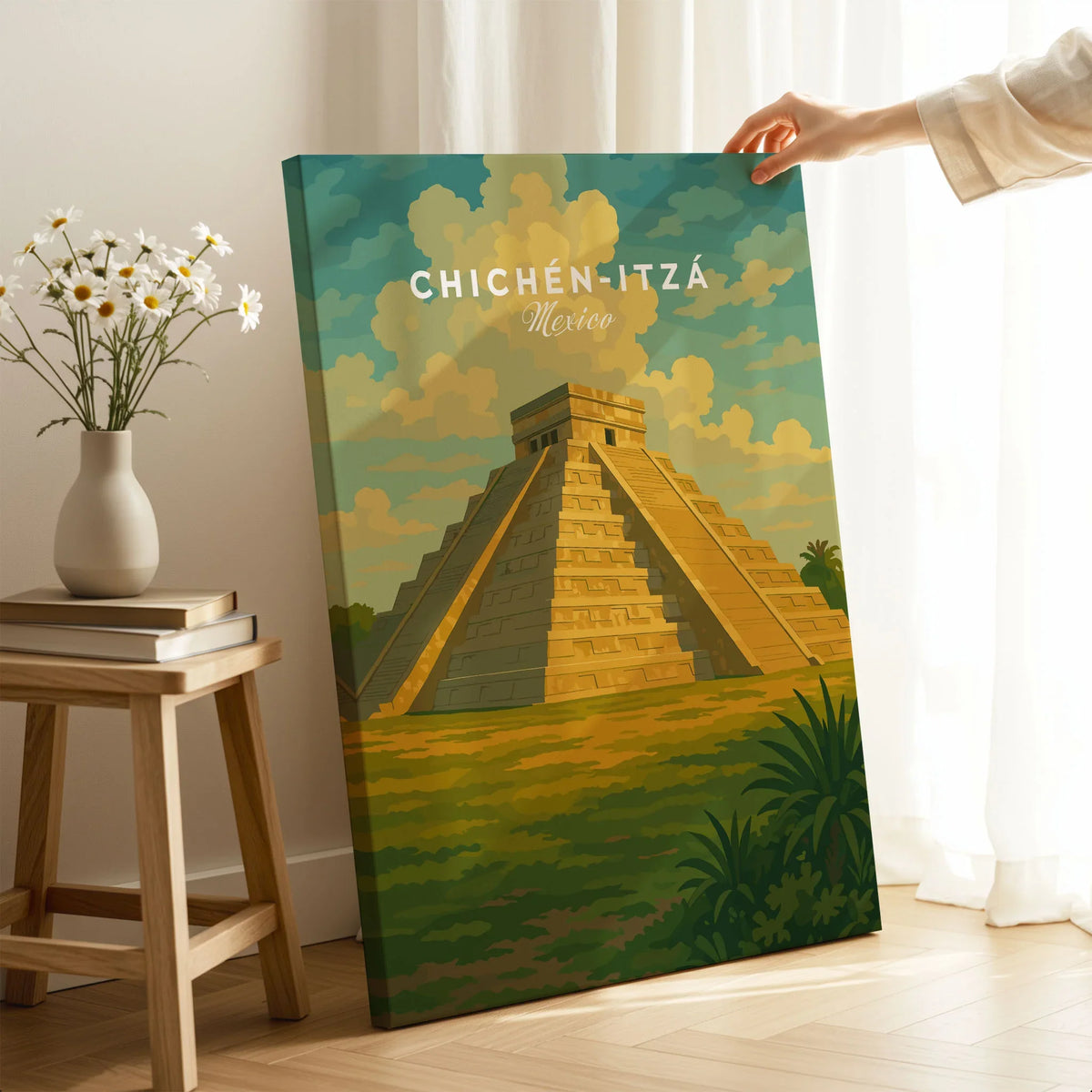 Chichén Itzá Mexico El Castillo Pyramid Travel Print Mayan Landscape Poster Wall Art on stretched canvas with mirror-wrap edges, held by hand in a room setting