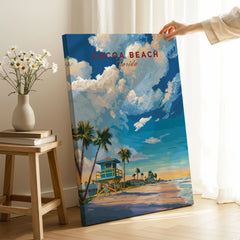 Cocoa Beach Lifeguard Tower Poster - Palm Tree Beach Wall Art on stretched canvas with mirror-wrap edges, held by hand in a room setting