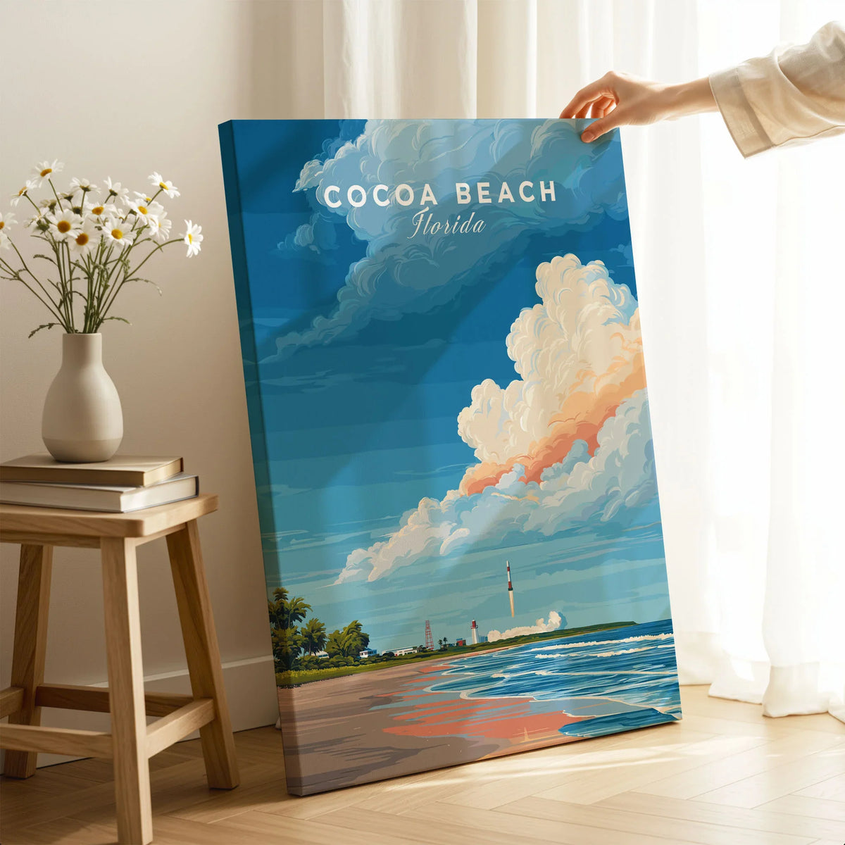 Cocoa Beach Florida Rocket Launch Print - Space Coast Wall Art on stretched canvas with mirror-wrap edges, held by hand in a room setting