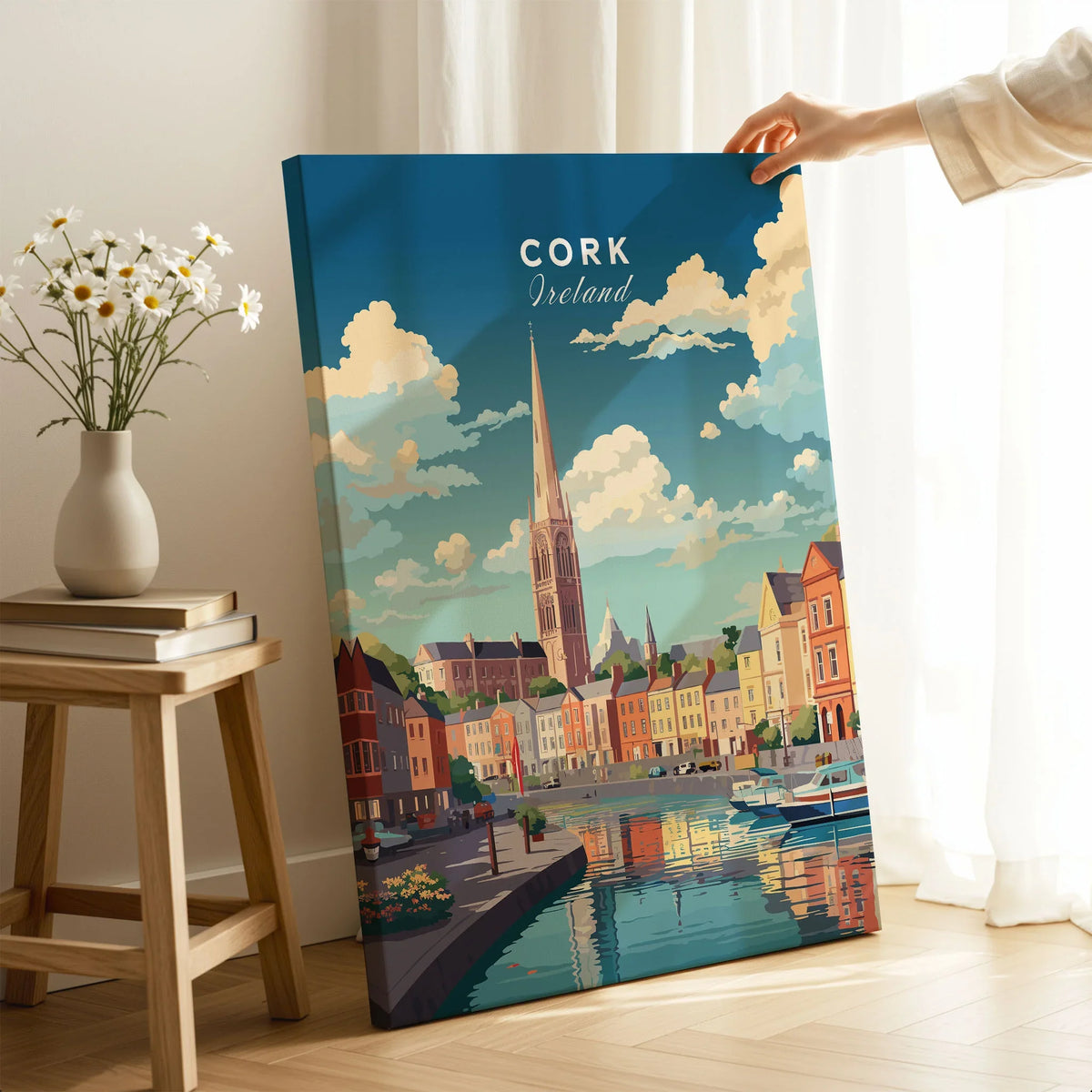 Cork City Ireland Print on stretched canvas with mirror-wrap edges, held by hand in a room setting