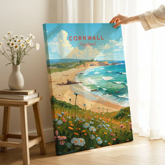 Cornwall Art Print on stretched canvas with mirror-wrap edges, held by hand in a room setting