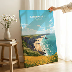 Cornwall Poster on stretched canvas with mirror-wrap edges, held by hand in a room setting