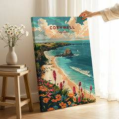 Cornwall Wall Art Print - United Kingdom Travel Poster on stretched canvas with mirror-wrap edges, held by hand in a room setting
