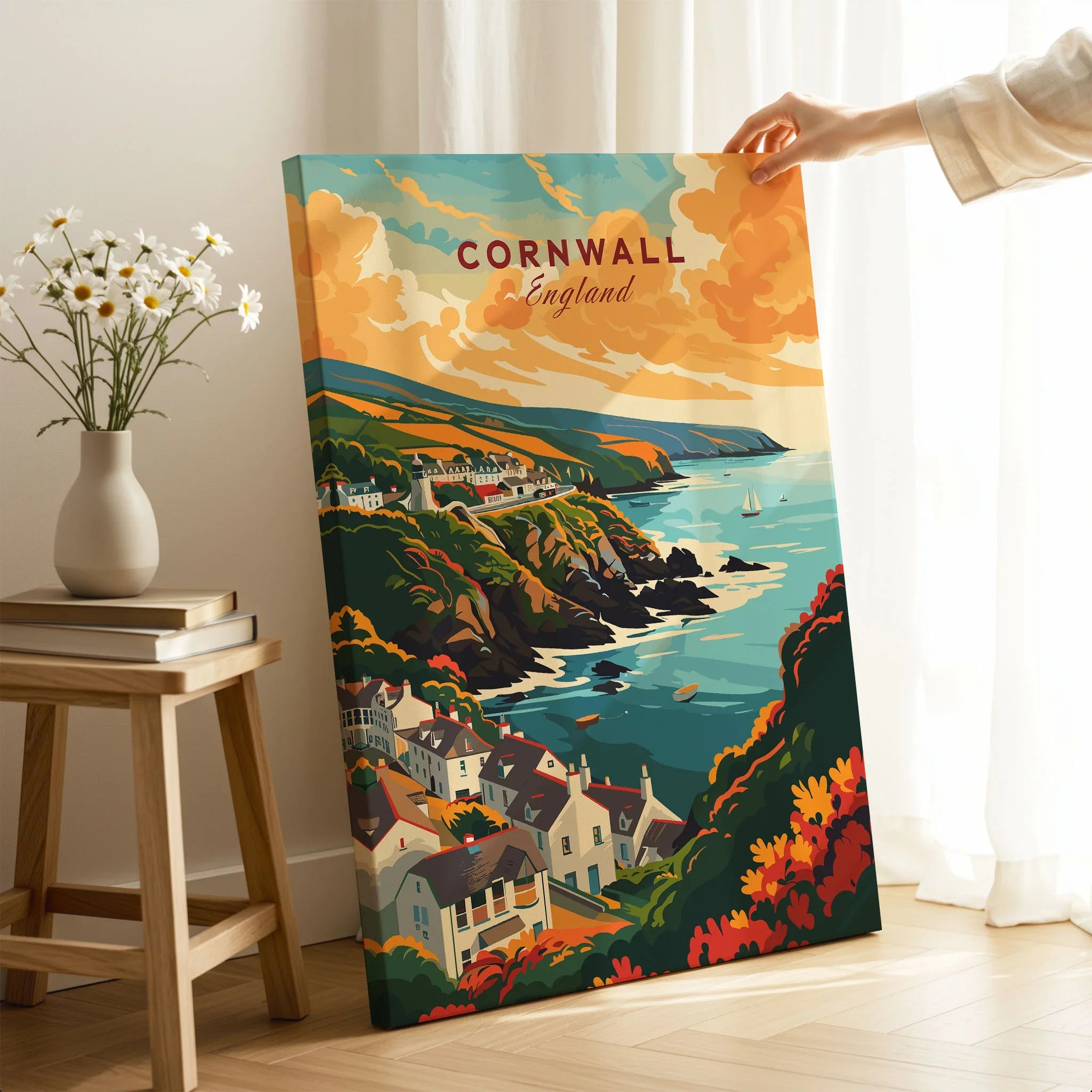 Cornwall Travel Print on stretched canvas with mirror-wrap edges, held by hand in a room setting
