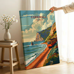 Cornwall Coast Travel Print on stretched canvas with mirror-wrap edges, held by hand in a room setting