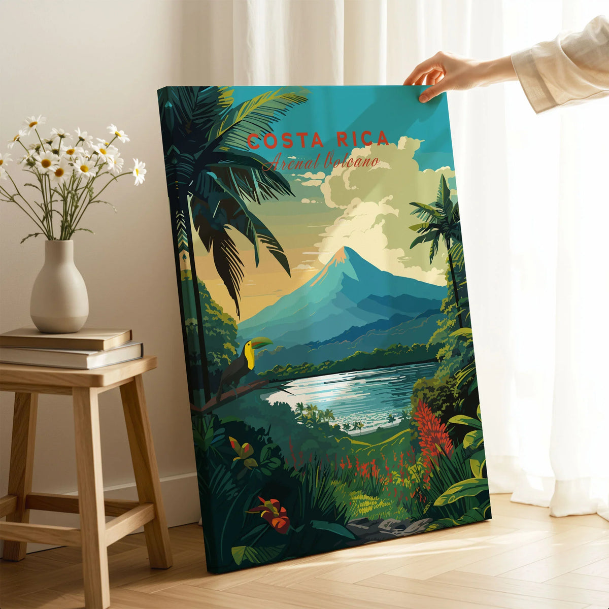 Costa Rica Print on stretched canvas with mirror-wrap edges, held by hand in a room setting