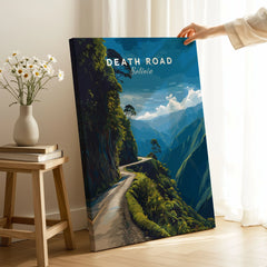 Death Road Print | South America Adventure Decor | Yungas Road Poster on stretched canvas with mirror-wrap edges, held by hand in a room setting