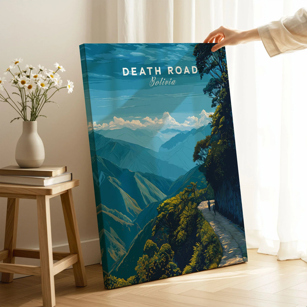 Death Road Yungas Adventure Scenic Print | Bolivian Travel Wall Decor on stretched canvas with mirror-wrap edges, held by hand in a room setting