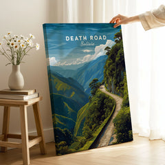 Death Road Andes Print | Yungas Road Poster on stretched canvas with mirror-wrap edges, held by hand in a room setting