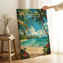Dominican Republic Travel Print on stretched canvas with mirror-wrap edges, held by hand in a room setting