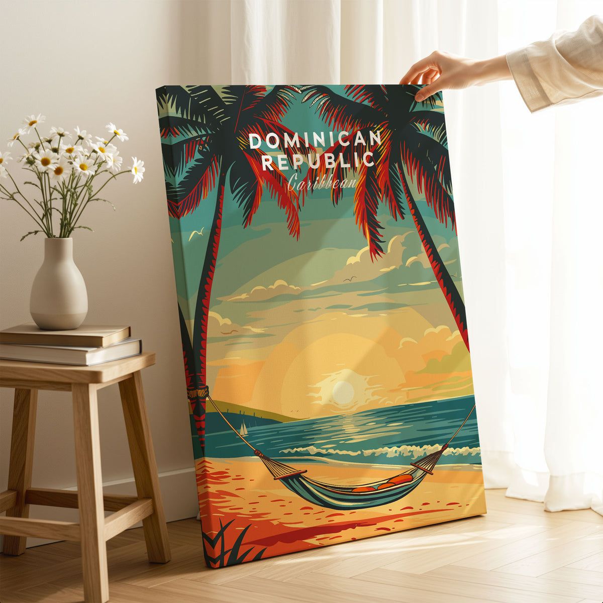 Dominican Republic Travel Poster on stretched canvas with mirror-wrap edges, held by hand in a room setting