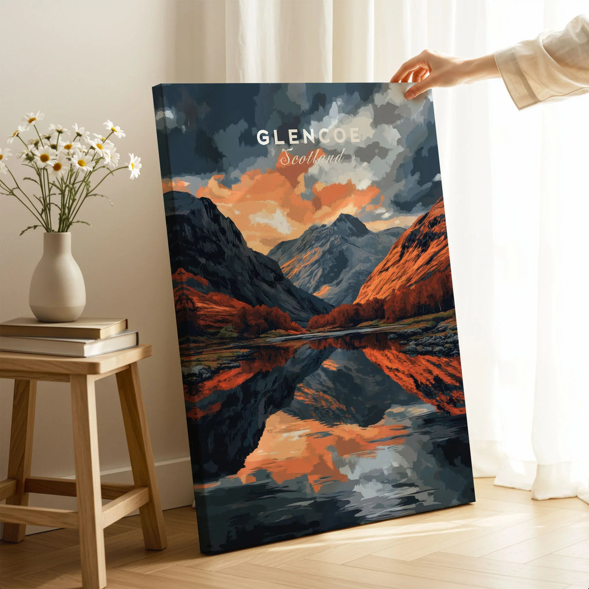 Glencoe Wall Art on stretched canvas with mirror-wrap edges, held by hand in a room setting
