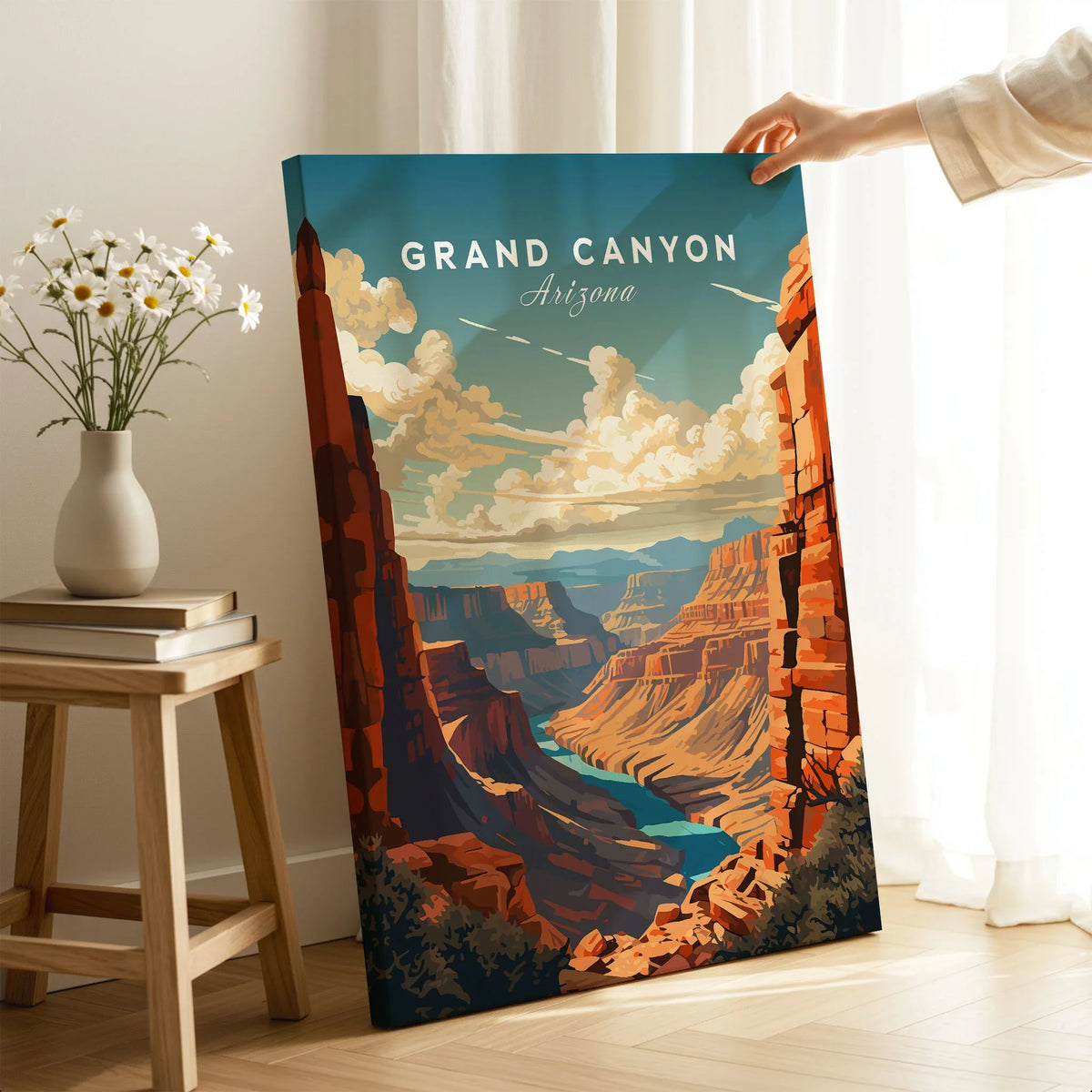 Grand Canyon Poster on stretched canvas with mirror-wrap edges, held by hand in a room setting