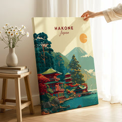 Hakone Japan Lake Ashi Temple Print - Japanese Pagoda Wall Art on stretched canvas with mirror-wrap edges, held by hand in a room setting