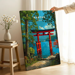 Hakone Japan Lake Ashi Torii Gate Poster - Floating Gate Wall Art on stretched canvas with mirror-wrap edges, held by hand in a room setting