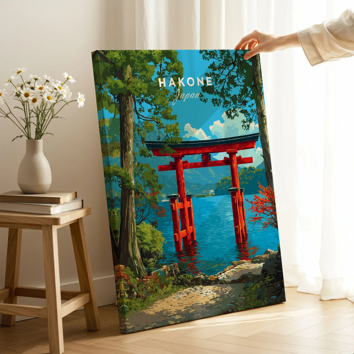 Hakone Japan Lake Ashi Torii Gate Poster - Floating Gate Wall Art on stretched canvas with mirror-wrap edges, held by hand in a room setting