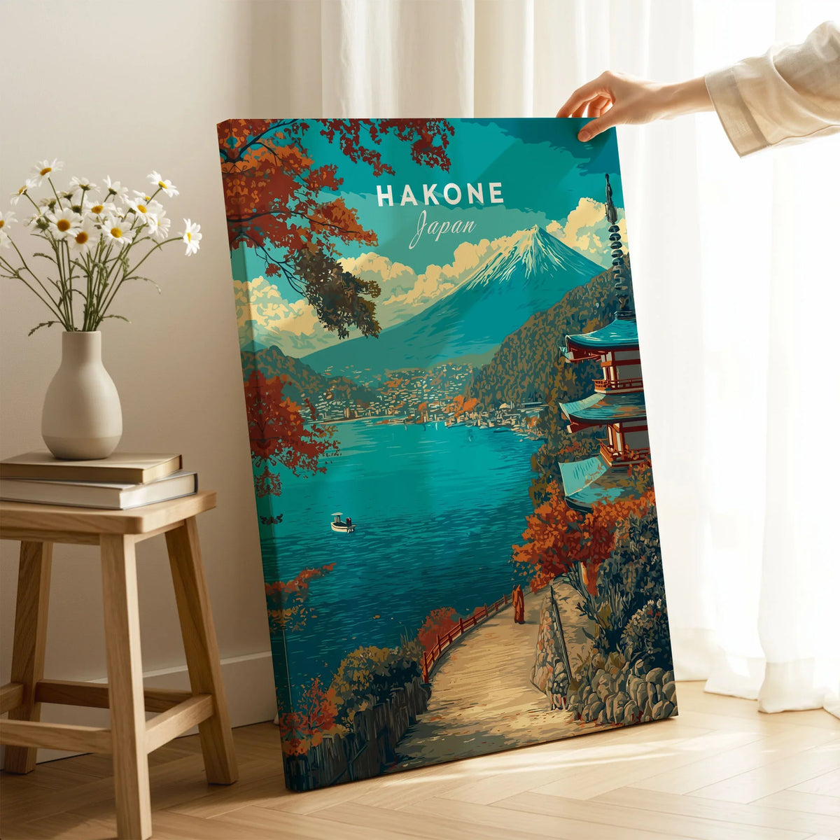 Hakone Print Japan Lake View Pagoda - Mount Fuji Scenic Poster on stretched canvas with mirror-wrap edges, held by hand in a room setting