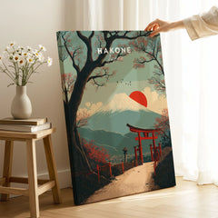 Hakone Japan Torii Gate Mount Fuji Print - Iconic Japanese Poster on stretched canvas with mirror-wrap edges, held by hand in a room setting