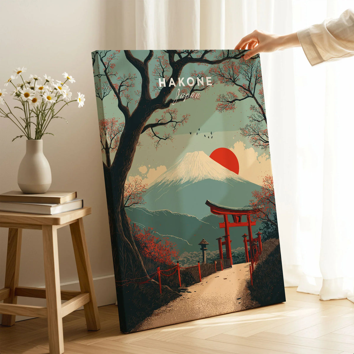 Hakone Japan Torii Gate Mount Fuji Print - Iconic Japanese Poster on stretched canvas with mirror-wrap edges, held by hand in a room setting