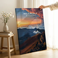 Haleakalā Sunset Poster, Maui Hawaii Wall Art, National Park Travel Print on stretched canvas with mirror-wrap edges, held by hand in a room setting