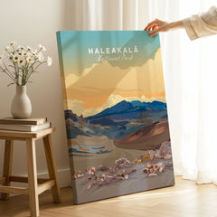 Haleakalā Volcano Poster, Maui Hawaii Travel Print, National Park Wall Art on stretched canvas with mirror-wrap edges, held by hand in a room setting