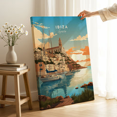 Ibiza Poster Print on stretched canvas with mirror-wrap edges, held by hand in a room setting