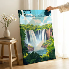 Iguazu Falls Travel Print on stretched canvas with mirror-wrap edges, held by hand in a room setting