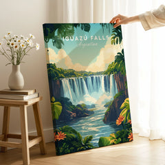Iguazu Falls Print Argentina on stretched canvas with mirror-wrap edges, held by hand in a room setting