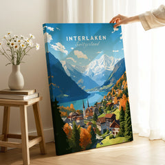 Interlaken Poster on stretched canvas with mirror-wrap edges, held by hand in a room setting