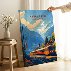 Interlaken Wall Art on stretched canvas with mirror-wrap edges, held by hand in a room setting