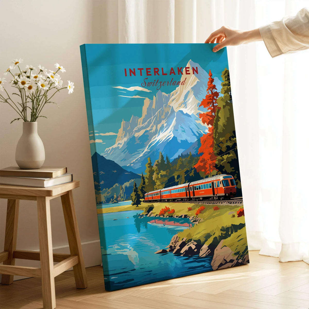 Interlaken Print Switzerland on stretched canvas with mirror-wrap edges, held by hand in a room setting