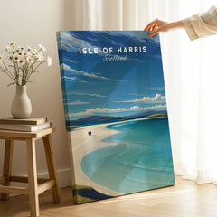 Isle of Harris Scotland Luskentyre Beach Print - White Sand Coastal Wall Art on stretched canvas with mirror-wrap edges, held by hand in a room setting