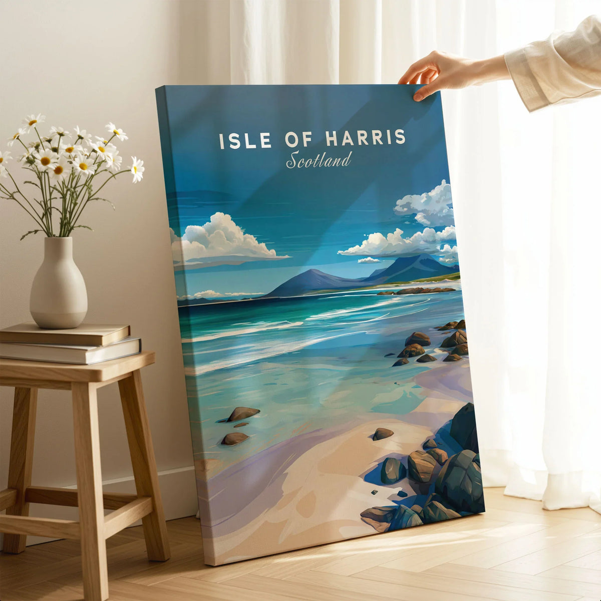 Isle of Harris Scotland Blue Sky Beach Print - Rocky Coastline Wall Art on stretched canvas with mirror-wrap edges, held by hand in a room setting