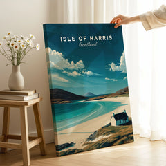 Isle of Harris Scotland Beach House Seascape Poster - Remote Scottish Isle Print on stretched canvas with mirror-wrap edges, held by hand in a room setting