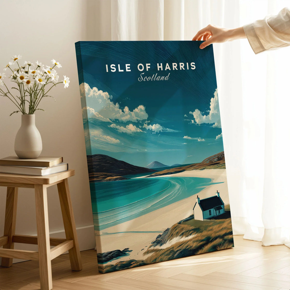 Isle of Harris Scotland Beach House Seascape Poster - Remote Scottish Isle Print on stretched canvas with mirror-wrap edges, held by hand in a room setting