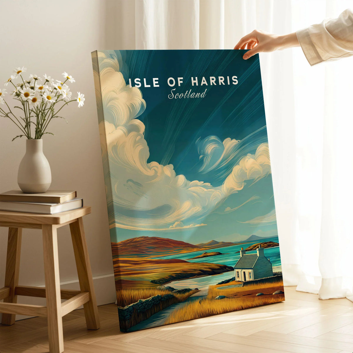 Isle of Harris Print Scotland Coastal Cottage Landscape - Rolling Hills Wall Art on stretched canvas with mirror-wrap edges, held by hand in a room setting